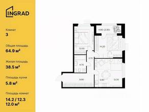 ЖК «Новое Медведково», планировка 3-комнатной квартиры, 64.90 м²