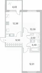 ЖК «Югтаун. Олимпийские кварталы», планировка 2-комнатной квартиры, 53.71 м²