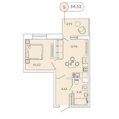 ЖК «Аквилон Stories», планировка 1-комнатной квартиры, 34.53 м²