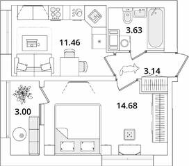 ЖК «БелАрт», планировка 1-комнатной квартиры, 34.41 м²
