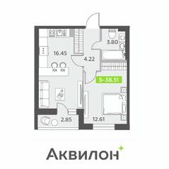 ЖК «Аквилон All in 3.0», планировка 1-комнатной квартиры, 38.51 м²