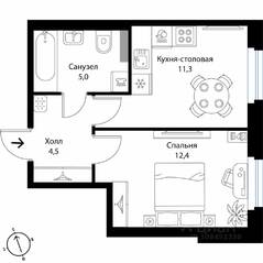 МЖК «Экография», планировка 1-комнатной квартиры, 33.20 м²