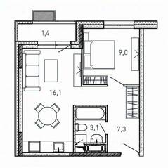 ЖК «Квартал Светлый», планировка 1-комнатной квартиры, 36.90 м²