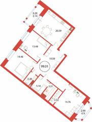 ЖК «Ariosto!», планировка 3-комнатной квартиры, 99.01 м²