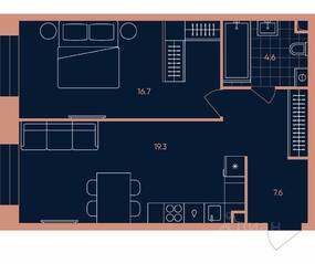 ЖК «ERA», планировка 2-комнатной квартиры, 48.20 м²