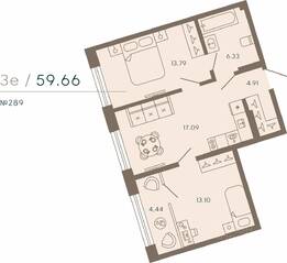 Апарт-комплекс «17/33 Петровский остров», планировка 2-комнатной квартиры, 59.66 м²