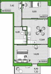 ЖК «FRIENDS», планировка 2-комнатной квартиры, 49.68 м²