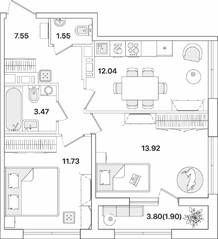 ЖК «Академик», планировка 2-комнатной квартиры, 52.16 м²