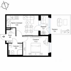 МЖК «Экография», планировка 1-комнатной квартиры, 35.90 м²