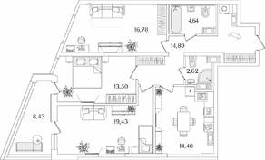 ЖК «Лайнеръ», планировка 3-комнатной квартиры, 90.56 м²