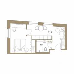 Апарт-комплекс «VIDI», планировка 2-комнатной квартиры, 34.50 м²