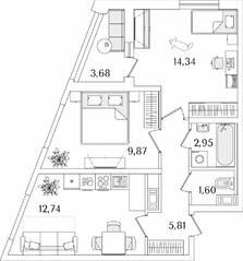 ЖК «Лайнеръ», планировка 2-комнатной квартиры, 49.15 м²