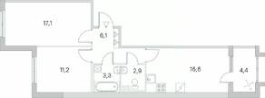ЖК «Югтаун. Олимпийские кварталы», планировка 2-комнатной квартиры, 59.40 м²