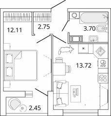 ЖК «Master Place», планировка 1-комнатной квартиры, 33.51 м²