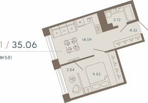 Апарт-комплекс «17/33 Петровский остров», планировка 1-комнатной квартиры, 35.06 м²