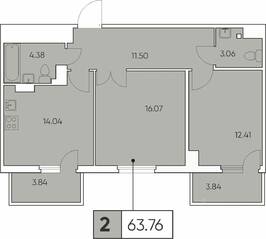 ЖК «Tesoro», планировка 2-комнатной квартиры, 63.76 м²