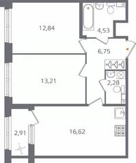 ЖК «Б15», планировка 2-комнатной квартиры, 57.69 м²