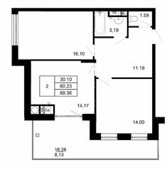 МЖК «Сказка», планировка 2-комнатной квартиры, 68.36 м²