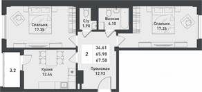 ЖК «Феникс», планировка 2-комнатной квартиры, 69.20 м²