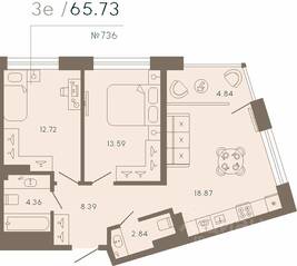Апарт-комплекс «17/33 Петровский остров», планировка 2-комнатной квартиры, 65.73 м²