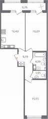 ЖК «Б15», планировка 2-комнатной квартиры, 63.40 м²