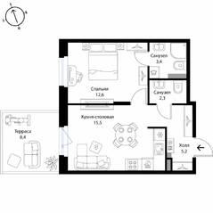 МЖК «Экография», планировка 1-комнатной квартиры, 41.50 м²