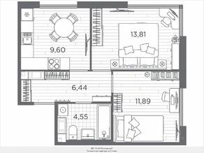 ЖК «Plus Пулковский», планировка 2-комнатной квартиры, 46.29 м²