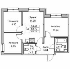 ЖК «Юнтолово», планировка 3-комнатной квартиры, 52.90 м²