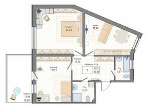 ЖК «Мануфактура James Beck», планировка 2-комнатной квартиры, 85.88 м²