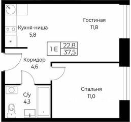 Апарт-комплекс «Aist Residence», планировка 1-комнатной квартиры, 37.50 м²