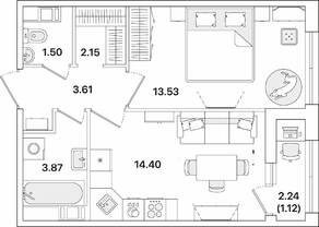 ЖК «Академик», планировка 1-комнатной квартиры, 40.18 м²