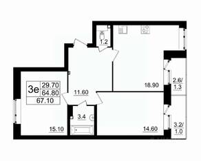МЖК «Итальянский квартал», планировка 3-комнатной квартиры, 67.10 м²