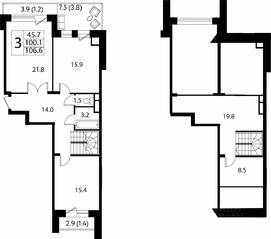 МЖК «Сказка», планировка 2-комнатной квартиры, 106.60 м²