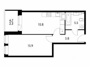 ЖК «Солнечный парк», планировка 1-комнатной квартиры, 45.26 м²