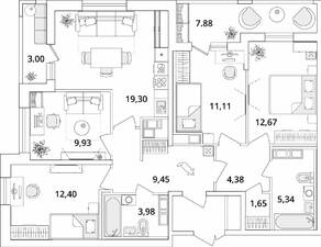 ЖК «Cube», планировка 4-комнатной квартиры, 95.65 м²