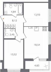 ЖК «Б15», планировка 2-комнатной квартиры, 63.70 м²