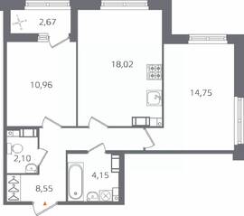 ЖК «Б15», планировка 2-комнатной квартиры, 59.87 м²