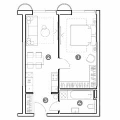МФК «Nametkin Tower», планировка 1-комнатной квартиры, 45.50 м²