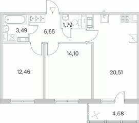 ЖК «Югтаун. Олимпийские кварталы», планировка 2-комнатной квартиры, 60.40 м²