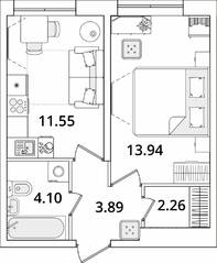 ЖК «БелАрт», планировка 1-комнатной квартиры, 35.74 м²