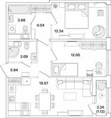 ЖК «Академик», планировка 2-комнатной квартиры, 60.98 м²
