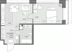 ЖК «AKZENT», планировка 1-комнатной квартиры, 44.41 м²