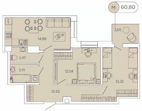 ЖК «Аквилон Stories», планировка 2-комнатной квартиры, 60.80 м²