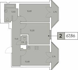 ЖК «Tesoro», планировка 2-комнатной квартиры, 67.86 м²