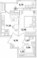 ЖК «Cube», планировка 1-комнатной квартиры, 38.99 м²