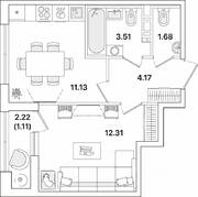 ЖК «Академик», планировка 1-комнатной квартиры, 33.91 м²