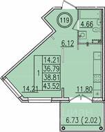 МЖК «Образцовый квартал 13», планировка 1-комнатной квартиры, 36.79 м²