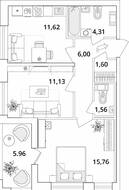 ЖК «Cube», планировка 2-комнатной квартиры, 54.96 м²