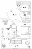 ЖК «Cube», планировка 1-комнатной квартиры, 38.54 м²