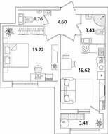 ЖК «БелАрт», планировка 1-комнатной квартиры, 43.84 м²